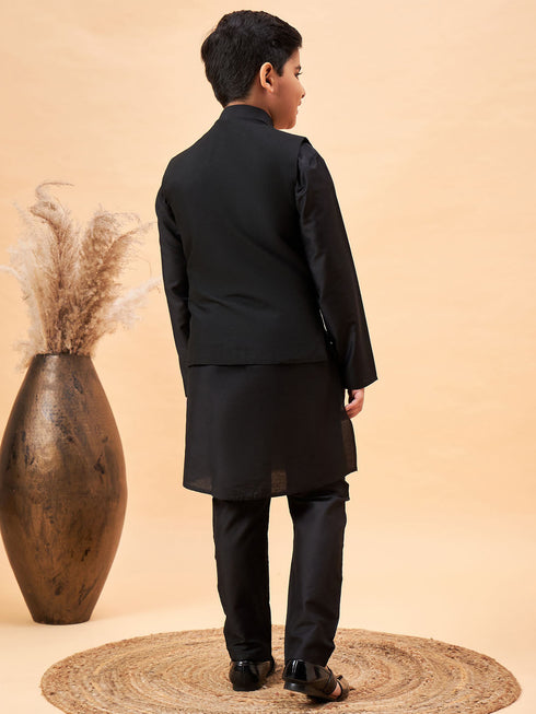 Vastramay Boy's Black Mirror Work Jacket And Solid Kurta Pyjama Set