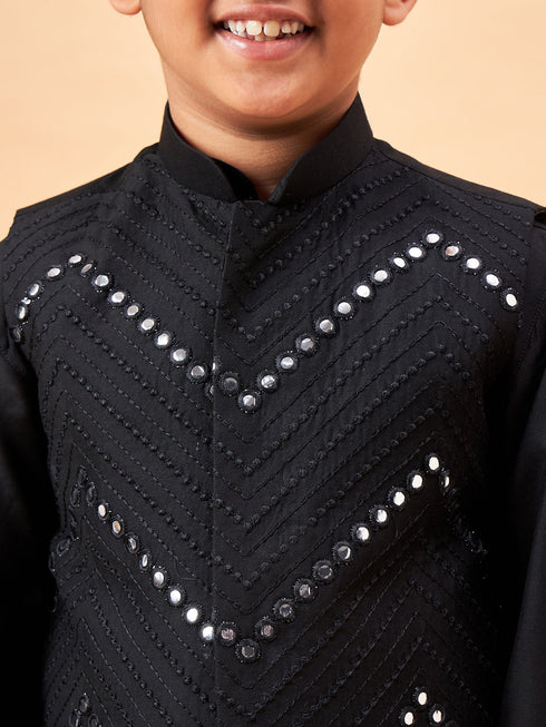 Vastramay Boy's Black Mirror Work Jacket And Solid Kurta Pyjama Set
