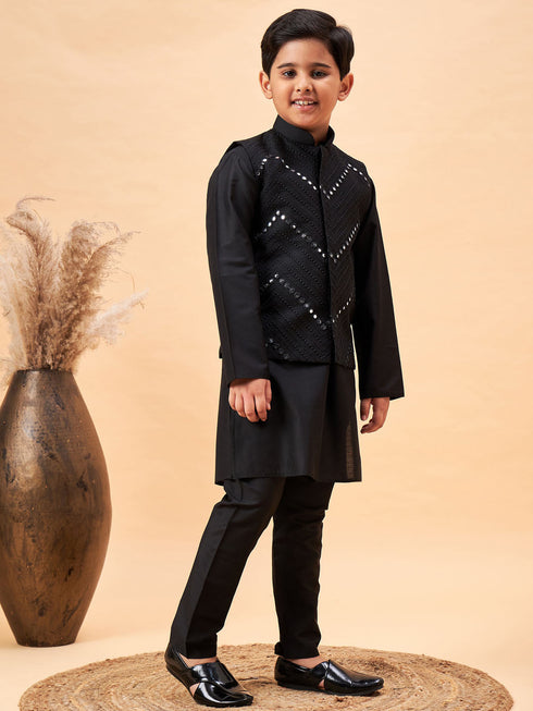 Vastramay Boy's Black Mirror Work Jacket And Solid Kurta Pyjama Set