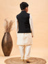Vastramay Boy's Black Mirror Work Jacket And Solid Kurta Pyjama Set