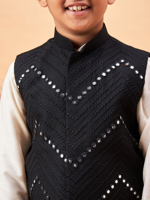 Vastramay Boy's Black Mirror Work Jacket And Solid Kurta Pyjama Set