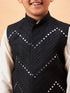 Vastramay Boy's Black Mirror Work Jacket And Solid Kurta Pyjama Set