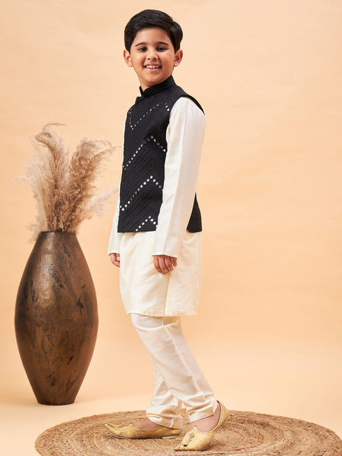 Vastramay Boy's Black Mirror Work Jacket And Solid Kurta Pyjama Set
