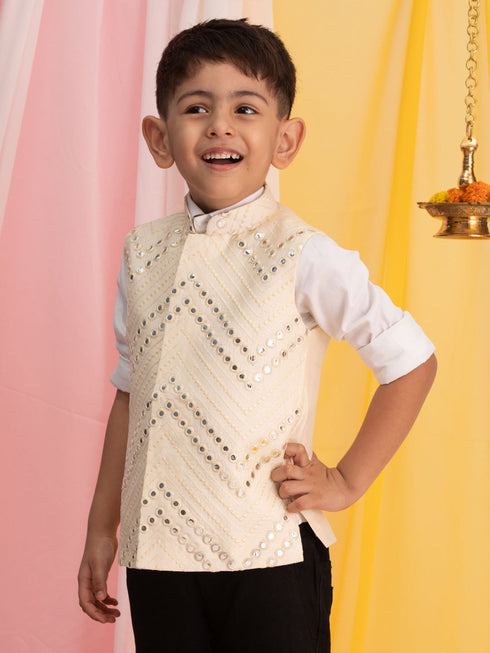 Vastramay Boys' Cream Mirror Work Ethnic Jacket