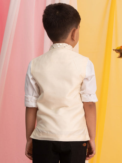 Vastramay Boys' Cream Mirror Work Ethnic Jacket
