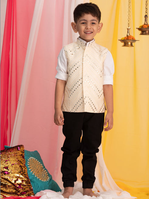 Vastramay Boys' Cream Mirror Work Ethnic Jacket