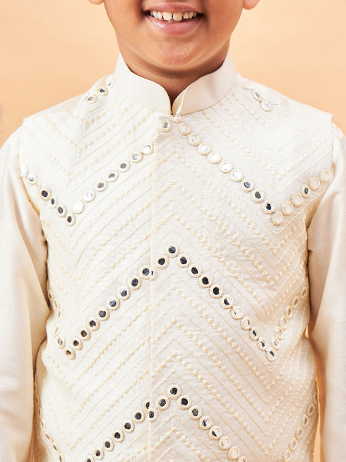 Vastramay Boy's Cream Mirror Work Jacket And Solid Kurta Pyjama Set
