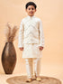 Vastramay Boy's Cream Mirror Work Jacket And Solid Kurta Pyjama Set