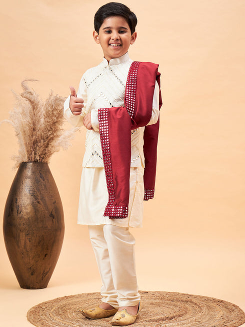 Vastramay Boy's Cream Mirror Work Jacket And Solid Kurta Pyjama Set With Maroon Ethnic Dupatta