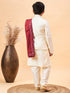 Vastramay Boy's Cream Mirror Work Jacket And Solid Kurta Pyjama Set With Maroon Ethnic Dupatta
