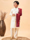 Vastramay Boy's Cream Mirror Work Jacket And Solid Kurta Pyjama Set With Maroon Ethnic Dupatta