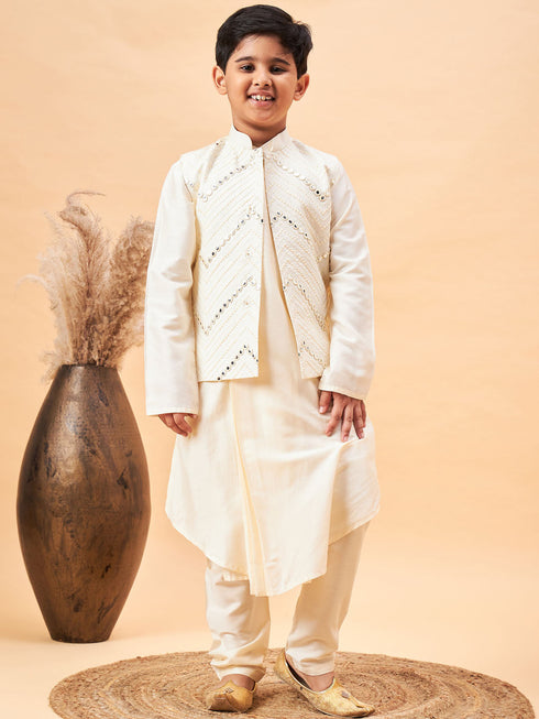 Vastramay Boy's Cream Mirror Work Jacket And Pleated Kurta Pyjama Set