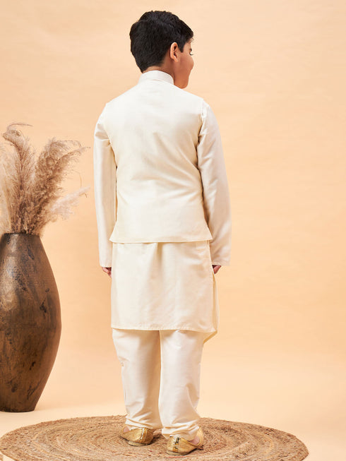 Vastramay Boy's Cream Mirror Work Jacket And Pleated Kurta Pyjama Set