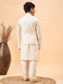 Vastramay Boy's Cream Mirror Work Jacket And Pleated Kurta Pyjama Set