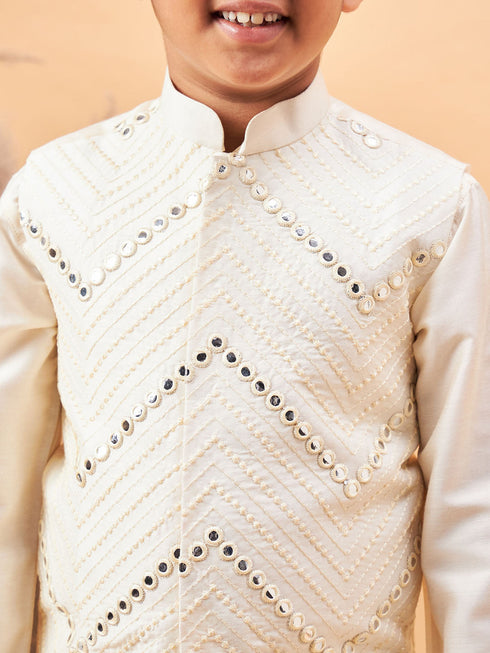 Vastramay Boy's Cream Mirror Work Jacket And Pleated Kurta Pyjama Set