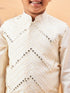 Vastramay Boy's Cream Mirror Work Jacket And Pleated Kurta Pyjama Set