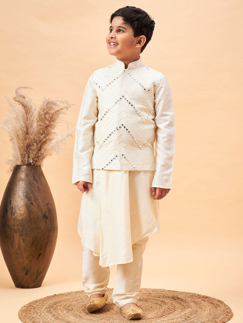 Vastramay Boy's Cream Mirror Work Jacket And Pleated Kurta Pyjama Set