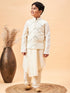 Vastramay Boy's Cream Mirror Work Jacket And Pleated Kurta Pyjama Set