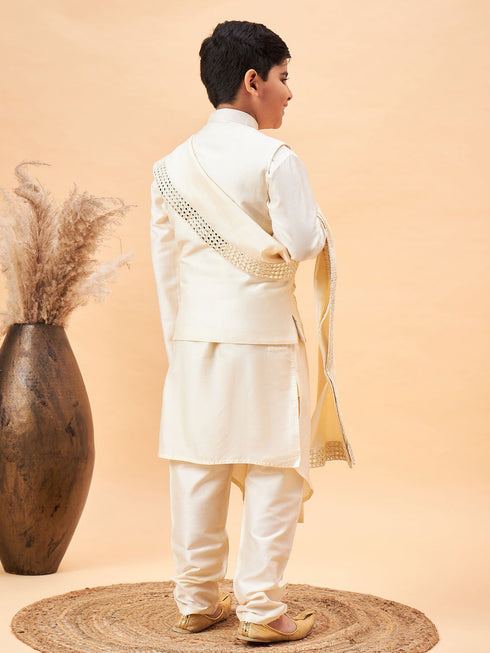Vastramay Boy's Cream Mirror Work Jacket And Pleated Kurta Pyjama Set With Ethnic Dupatta