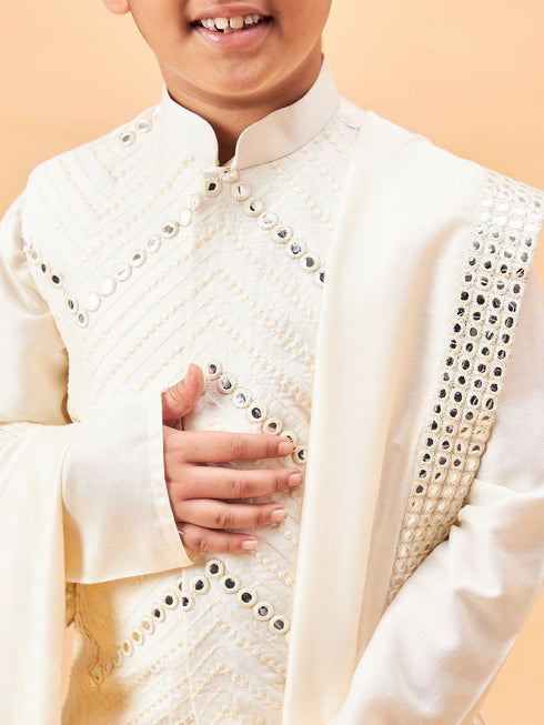 Vastramay Boy's Cream Mirror Work Jacket And Pleated Kurta Pyjama Set With Ethnic Dupatta