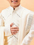 Vastramay Boy's Cream Mirror Work Jacket And Pleated Kurta Pyjama Set With Ethnic Dupatta