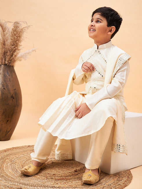 Vastramay Boy's Cream Mirror Work Jacket And Pleated Kurta Pyjama Set With Ethnic Dupatta