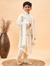 Vastramay Boy's Cream Mirror Work Jacket And Pleated Kurta Pyjama Set With Ethnic Dupatta