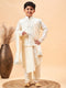 Vastramay Boy's Cream Mirror Work Jacket And Pleated Kurta Pyjama Set With Ethnic Dupatta