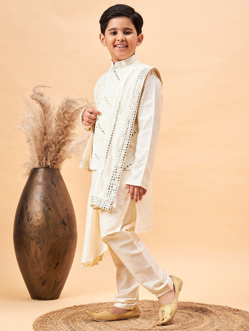 Vastramay Boy's Cream Mirror Work Jacket And Pleated Kurta Pyjama Set With Ethnic Dupatta