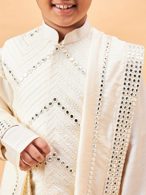 Vastramay Boy's Cream Mirror Work Jacket And Pleated Kurta Pyjama Set With Ethnic Dupatta