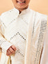 Vastramay Boy's Cream Mirror Work Jacket And Pleated Kurta Pyjama Set With Ethnic Dupatta