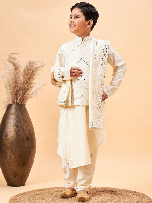 Vastramay Boy's Cream Mirror Work Jacket And Pleated Kurta Pyjama Set With Ethnic Dupatta