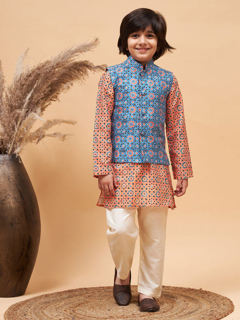 Vastramay Boy's Orange Printed Kurta And Cream Pyjama Set With Blue Nehru Jacket