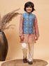 Vastramay Boy's Orange Printed Kurta And Cream Pyjama Set With Blue Nehru Jacket