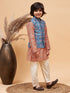 Vastramay Boy's Orange Printed Kurta And Cream Pyjama Set With Blue Nehru Jacket