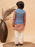 Vastramay Boy's Orange Printed Kurta And Cream Pyjama Set With Blue Nehru Jacket