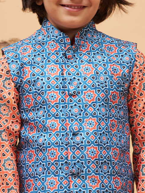 Vastramay Boy's Orange Printed Kurta And Cream Pyjama Set With Blue Nehru Jacket