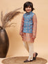 Vastramay Boy's Orange Printed Kurta And Cream Pyjama Set With Blue Nehru Jacket