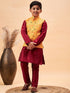 Vastramay Boy's Yellow Ethnic Printed Jacket With Maroon Kurta and Pyjama Set