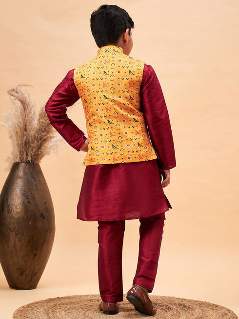 Vastramay Boy's Yellow Ethnic Printed Jacket With Maroon Kurta and Pyjama Set