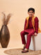 Vastramay Boy's Yellow Ethnic Printed Jacket With Maroon Kurta and Pyjama Set