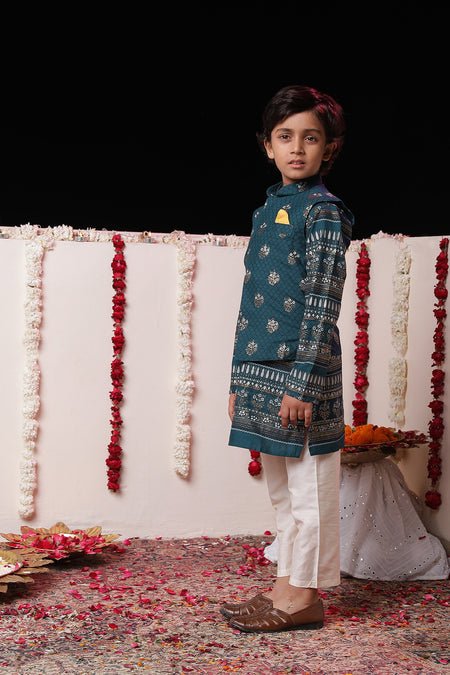 VASTRAMAY Boys' Blue Foli Print On Viscose Jacket And Kurta Pyjama Set