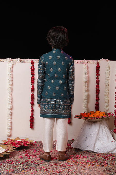 VASTRAMAY Boys' Blue Foli Print On Viscose Jacket And Kurta Pyjama Set