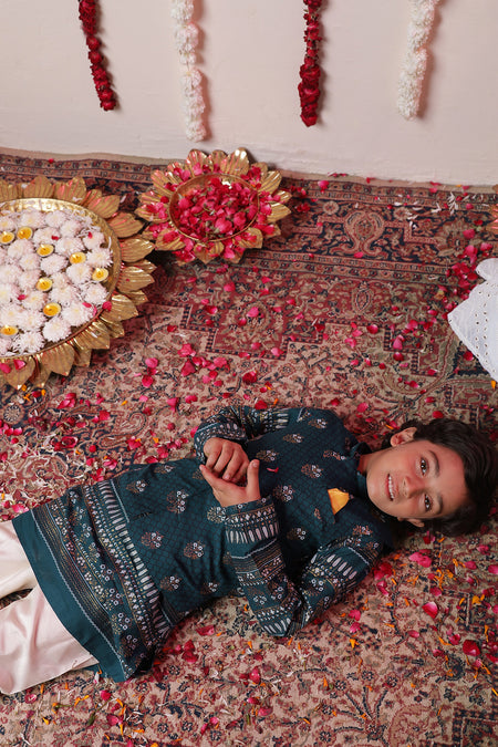 VASTRAMAY Boys' Blue Foli Print On Viscose Jacket And Kurta Pyjama Set