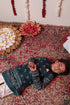 VASTRAMAY Boys' Blue Foli Print On Viscose Jacket And Kurta Pyjama Set