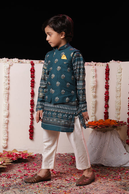 VASTRAMAY Boys' Blue Foli Print On Viscose Jacket And Kurta Pyjama Set