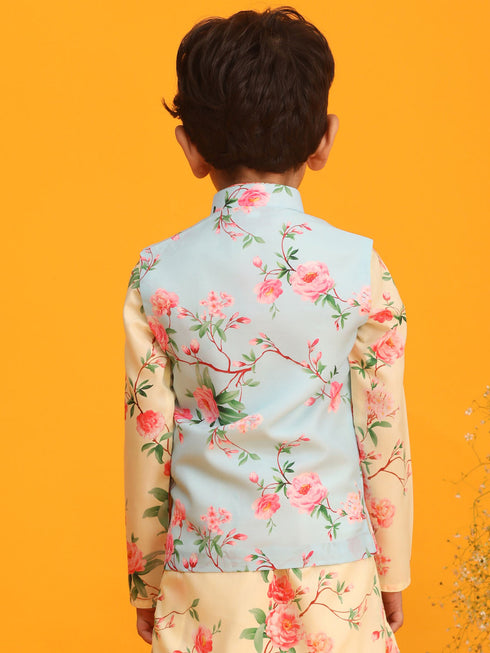 Vastramay Boys Aqua Blue Floral Printed Nehru Jacket