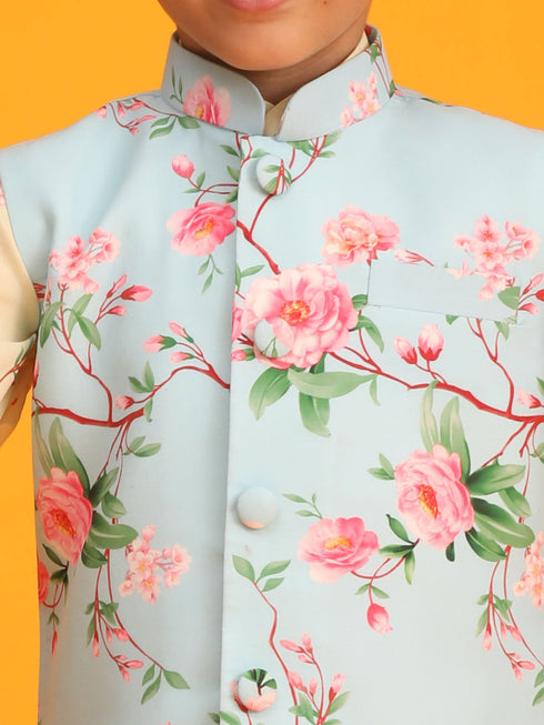 Vastramay Boys Aqua Blue Floral Printed Nehru Jacket