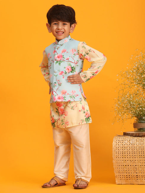 Vastramay Boy's Aqua Blue Jacket With Yellow Floral Printed Kurta with Cream Solid Pyjama Set