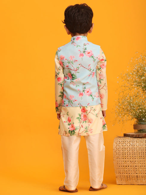 Vastramay Boy's Aqua Blue Jacket With Yellow Floral Printed Kurta with Cream Solid Pyjama Set